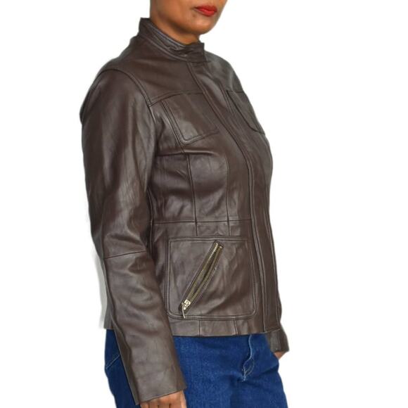 Chicos Leather Jacket Brown Cafe Racer Biker Pockets Zippered Size Small Davita - Picture 13 of 15